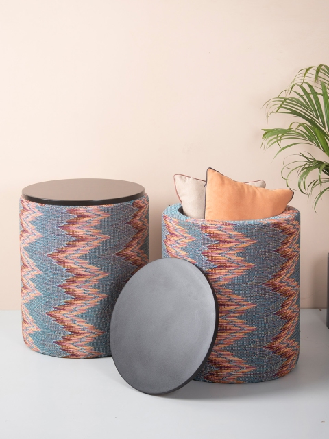 

nestroots Set of 2 Blue & Red Tufted Pedestal Ottomans With Storage