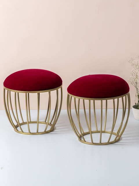 

nestroots Set of 2 Maroon & Gold Toned Tufted Metal Round Ottomans