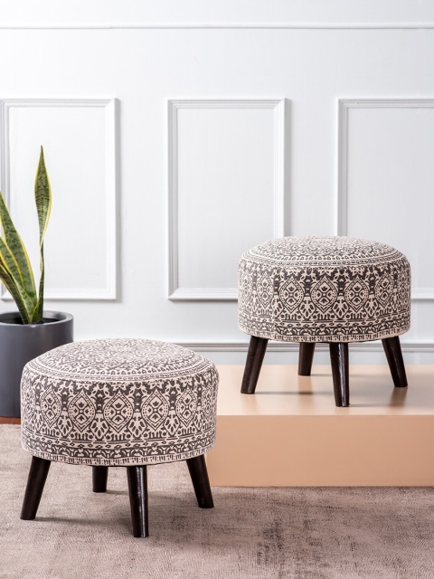 

nestroots Set Of 2 Grey & Brown Printed Round Ottomans