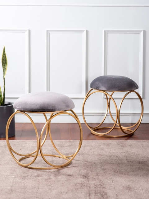 

nestroots Gold-Toned & Grey Set of 2 Solid Ottomans