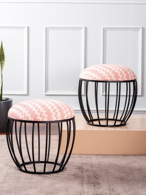 

Nestroots Set of 2 Pink & Black Printed Metal Cage Ottomans