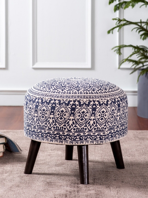 

nestroots Navy Blue & Cream Colored Printed 4-Legged Ottomans