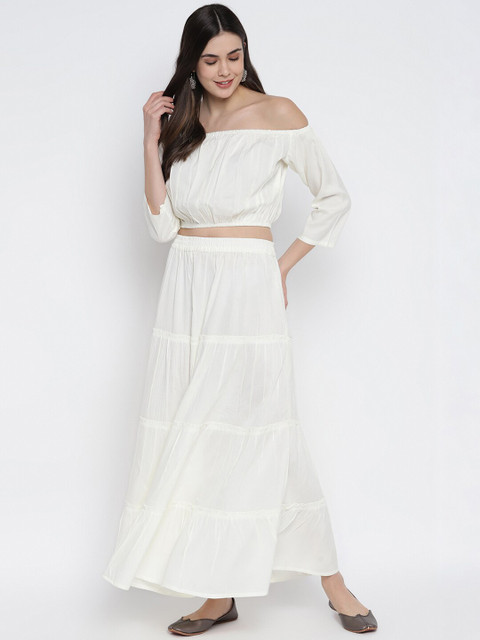 

Aawari Women White Solid Off-Shoulder Crop Top with Skirt