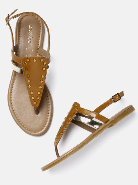 

DressBerry Women Tan Brown T-Strap Flats with Metallic Studs