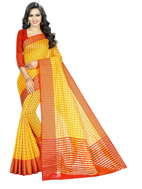 

PERFECTBLUE Yellow & Red Checked Satin Blend Saree