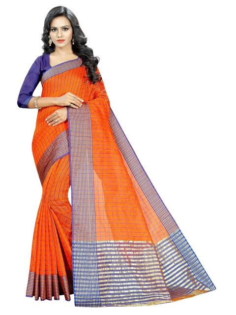 

PERFECTBLUE Orange & Purple Checked Satin Saree