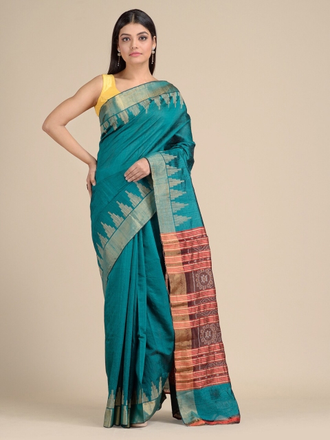 

Mitera Teal Blue & Red Ethnic Motifs Zari Pure Silk Saree