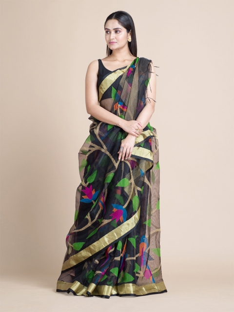 

Mitera Black & Pink Floral Woven Design Silk Cotton Saree