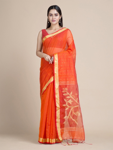 

Mitera Orange & Gold-Toned Striped Silk Cotton Saree
