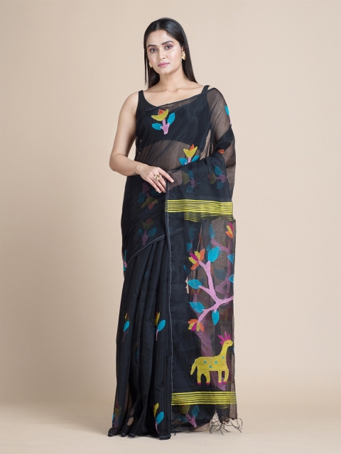 

Mitera Black & Pink Floral Woven Design Silk Cotton Saree