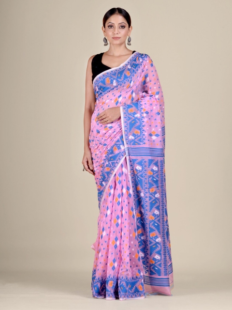 

Mitera Pink & Blue Geometric Woven Design Silk Cotton Jamdani Saree
