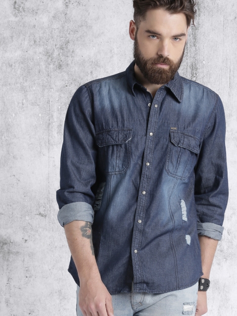 

RDSTR Men Blue Denim Fit Faded Distressed Casual Shirt