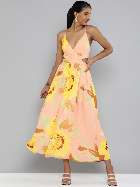 

MAGRE Yellow & Coral Floral Georgette Maxi Dress