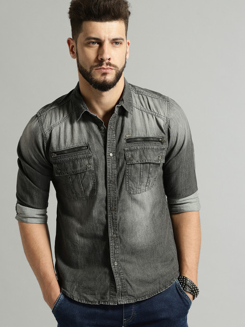 

Roadster Men Grey Regular Fit Faded Denim Casual Shirt