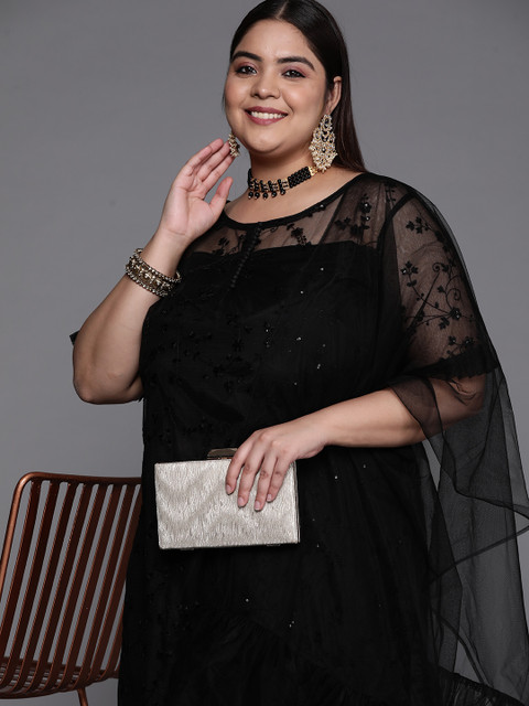 

INDDUS PLUS Women Black Embroidered Sequinned Net Kurta with Palazzos & Dupatta
