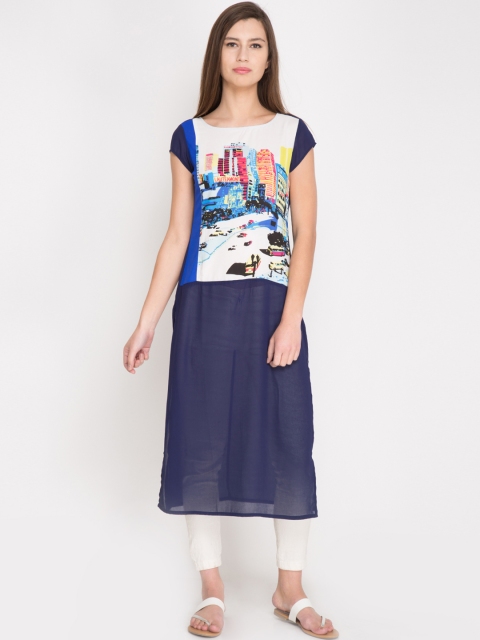 Vishudh Women Navy Printed Straight Kurta available at myntra for Rs.299