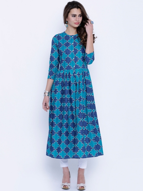 

Vishudh Women Turquoise Blue & Navy Printed A-Line Kurta