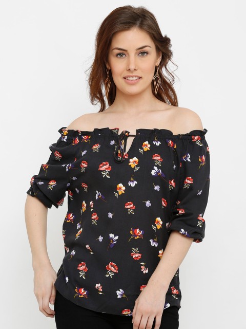 

Kraus Jeans Black Floral Printed Off-Shoulder Bardot Top