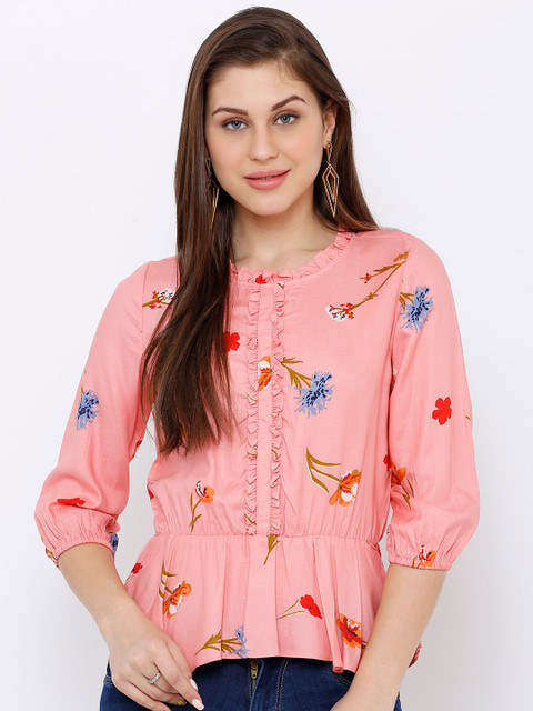 

Kraus Jeans Peach-Coloured Floral Print Peplum Top