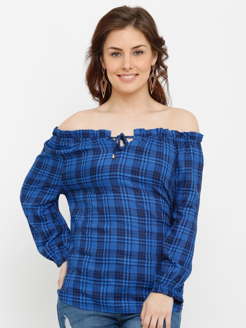 

Kraus Jeans Blue Checked Off-Shoulder Bardot Top