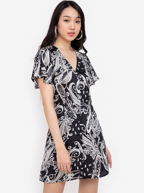 

ZALORA BASICS White & Black Floral A-Line Pure Cotton Mini Dress