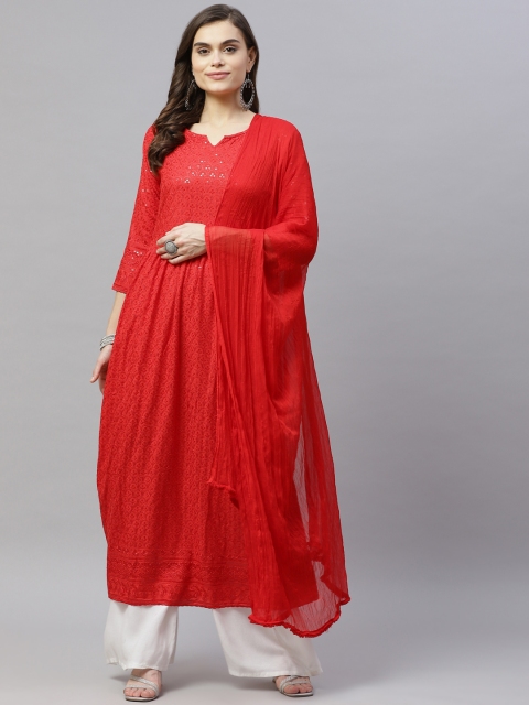 

MIRAVAN Women Red Ethnic Motifs Embroidered Chikankari Anarkali Kurta & Dupatta