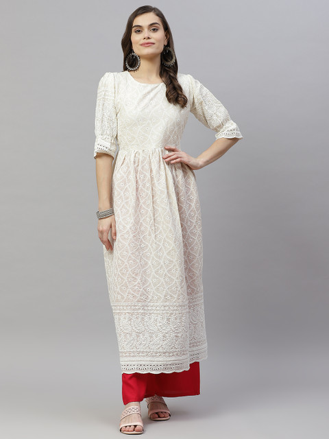 

MIRAVAN Women White Ethnic Motifs Embroidered Bell Sleeves Chikankari Anarkali Kurta