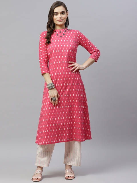 

MIRAVAN Women Pink Ethnic Motifs Printed Pure Cotton Kurta with Palazzos