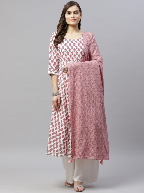 

MIRAVAN Women Pink & White Ethnic Motifs Printed Anarkali Kurta & Dupatta