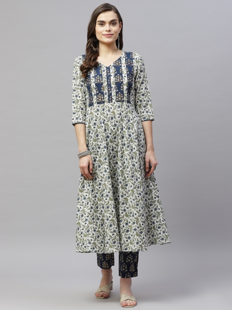 

MIRAVAN Women Blue &White Ethnic Motifs Printed Pure Cotton Kurta with Trousers