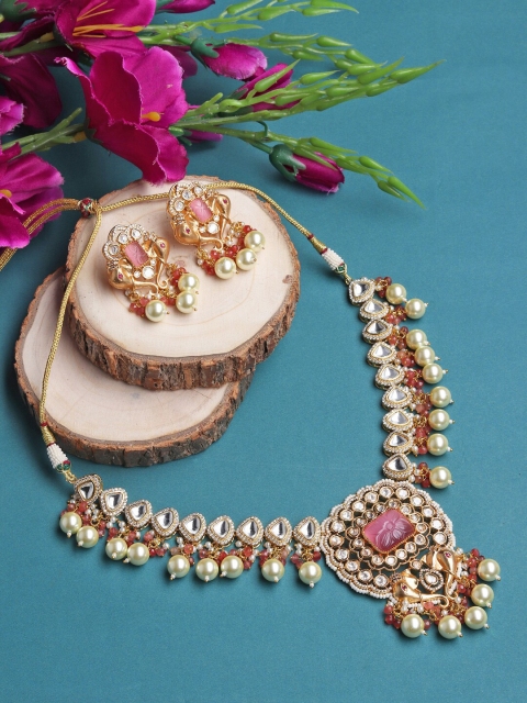 

Runjhun Gold-Plated White & Pink Kundan-Studded & Pearl Beaded Jewellery Set