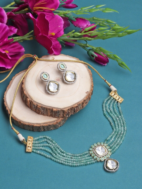 

Runjhun Gold-Plated Green & White Kundan-Studded Polki Choker Jewellery Set