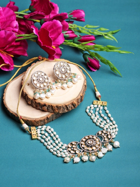 

Runjhun Women Gold-Plated & White Stone-Studded & Pearl Beaded Jewellery Set