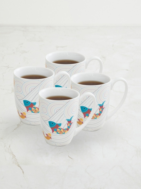 

Home Centre Set Of 4 White & Blue Eliana Fish Bone China Glossy Cups Set
