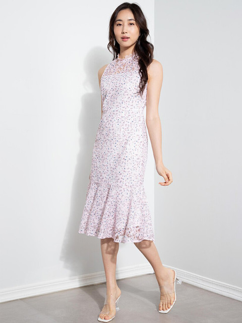 

ZALORA OCCASION Pink & Blue Floral Lace A-Line Midi Dress