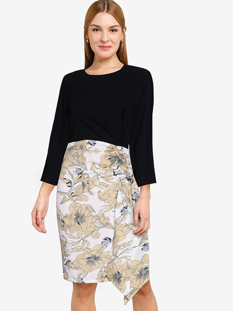 

ZALORA WORK Black & White Floral Colourblocked Sheath Dress