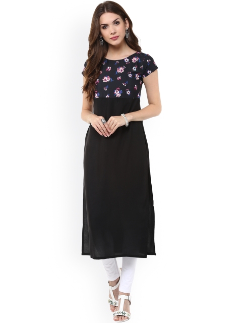 

Janasya Women Black Yoke Design Straight Kurta