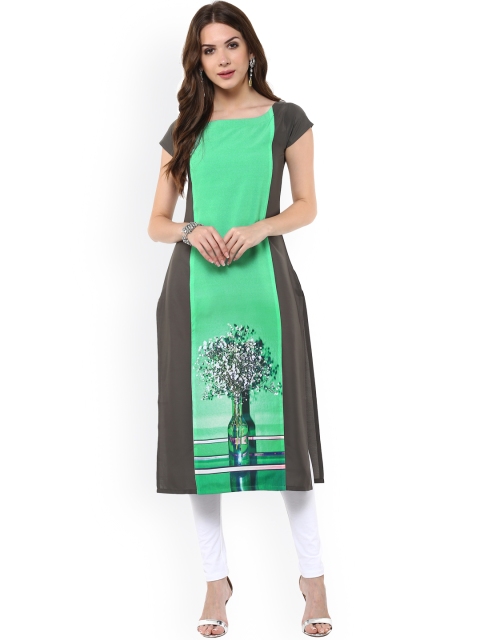 

Janasya Women Green & Grey Printed Straight Kurta