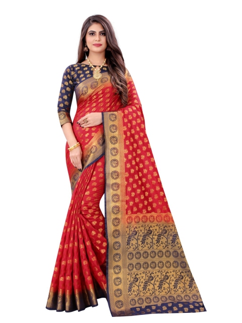 

PERFECT WEAR Red & Navy Blue Woven Design Zari Silk Cotton Banarasi Saree