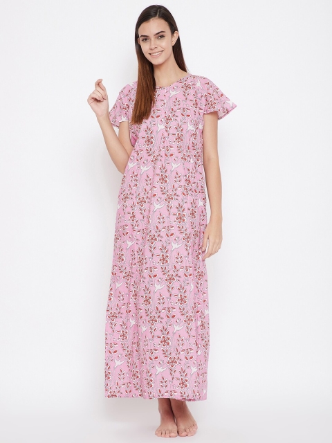 

The Kaftan Company Pink Floral Printed Pure Cotton Maxi Nightdress