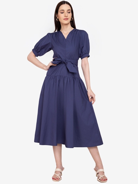 

ZALORA WORK Blue Solid Cotton Drop-Waist Midi Dress