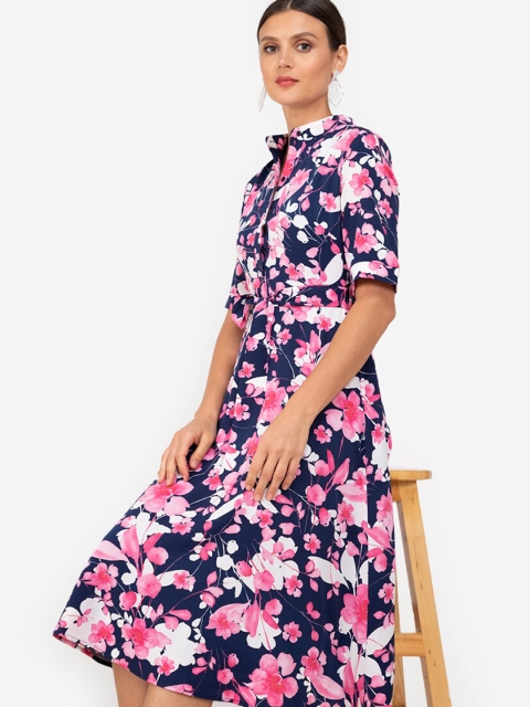 

ZALORA WORK Navy Blue & Pink Floral Fit & Flare Midi Dress