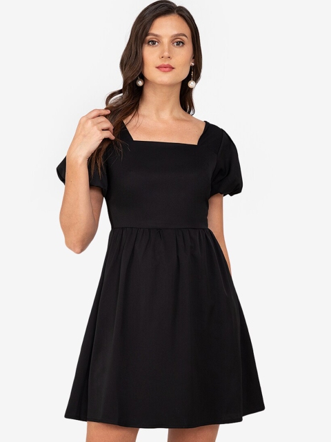 

ZALORA WORK Black Puff Sleeves Square Neck Fit & Flare Mini Dress