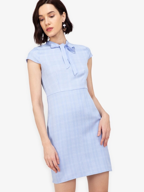 

ZALORA WORK Women Blue & White Checked Tie-Up Neck BodyconDress