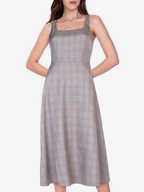 

ZALORA WORK Grey & White Checked Square Neck A-Line Midi Dress