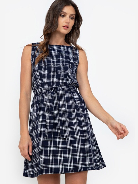 

ZALORA WORK Navy Blue & White Checked Fit & Flare Dress