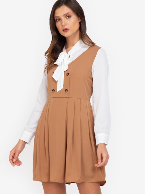 

ZALORA WORK Brown & White Tie-Up Neck Midi Formal Dress