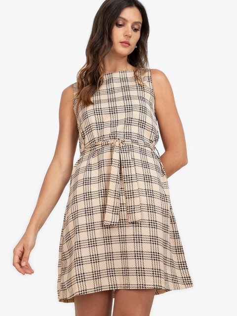 

ZALORA WORK Women Cream & Black Checked Dress