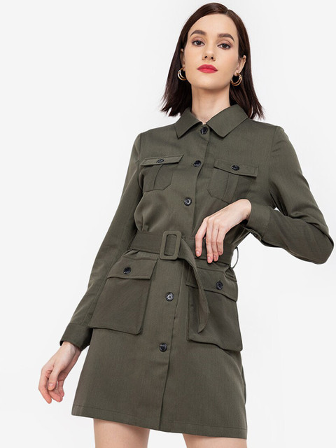 

ZALORA WORK Olive Green Solid Shirt Mini Dress