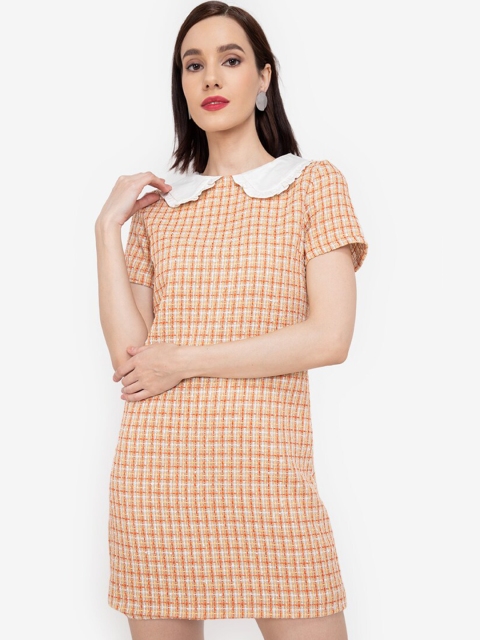 

ZALORA WORK Women White & Orange Checked Peter Pan Collar Sheath Dress